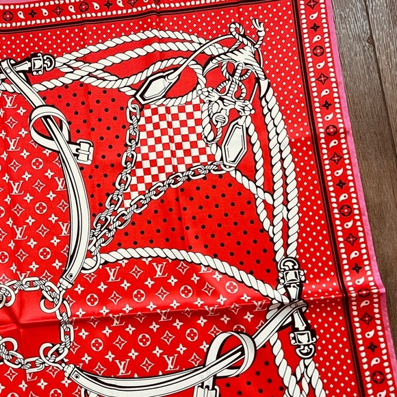 100% silk Vibrant Red Scarf with White and Black Accents - Picture 7 of 13